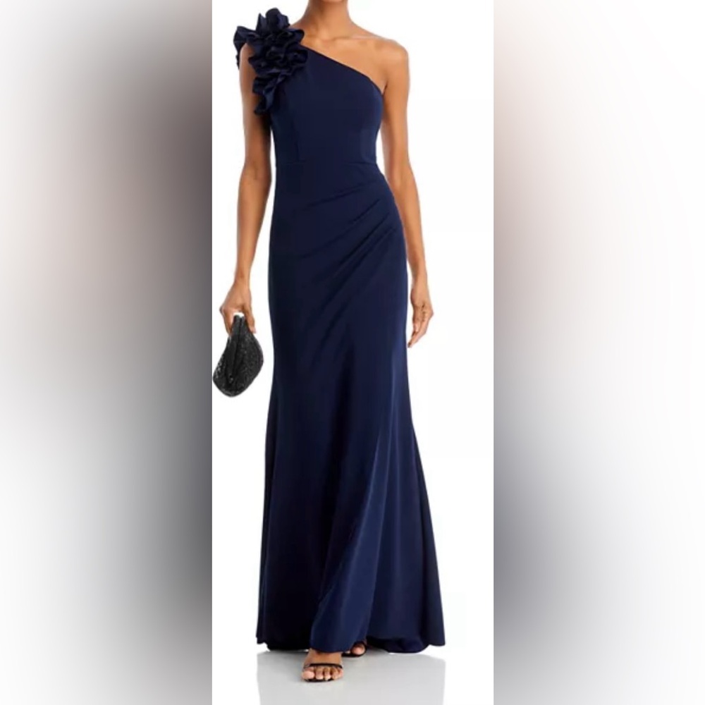 Aqua one shoulder ruffle crepe gown